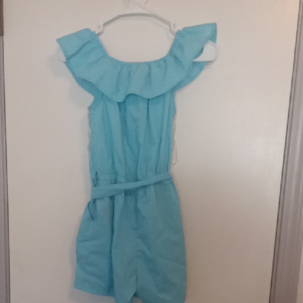 Blue Ruffle Off-Shoulder Romper - Picture 3 of 3